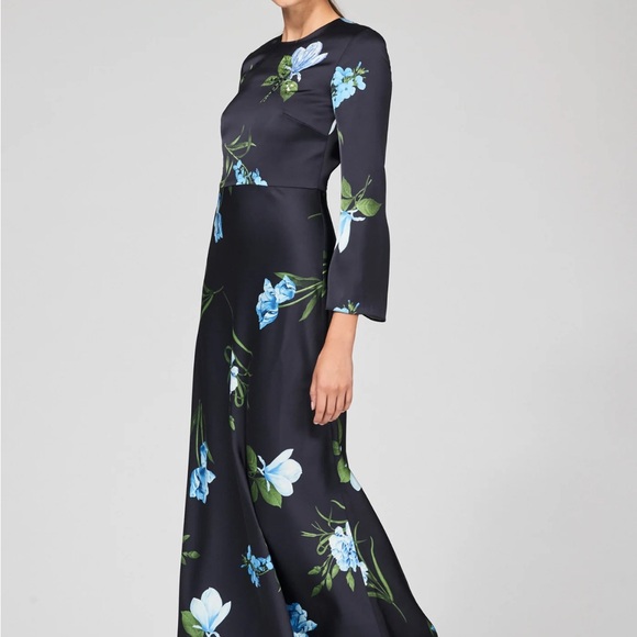 NWT Sachin + Babi Black and Blue Floral Dress Alex Sequin Long Sleeve Satin - Picture 2 of 10